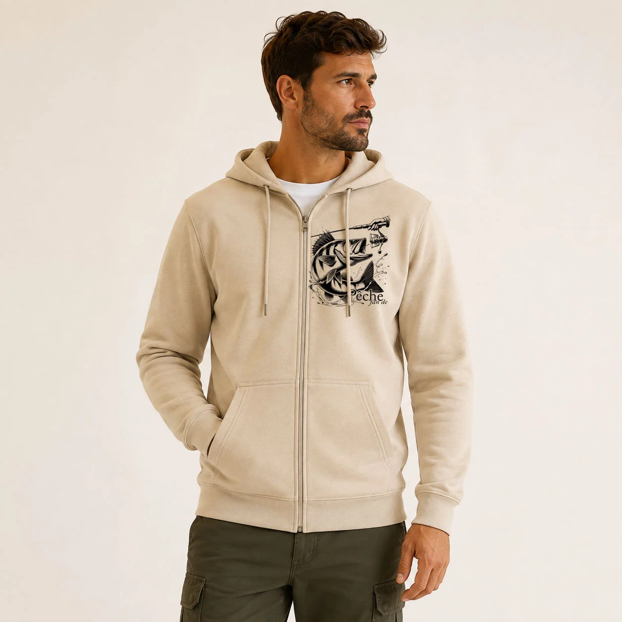 Sweat de peche homme perche personnalise, motif perche + texte au choix
