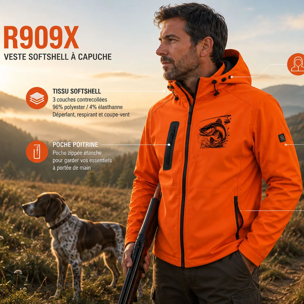 Veste softshell de pêche Silure personnalisée homme, modèle R909X à capuche