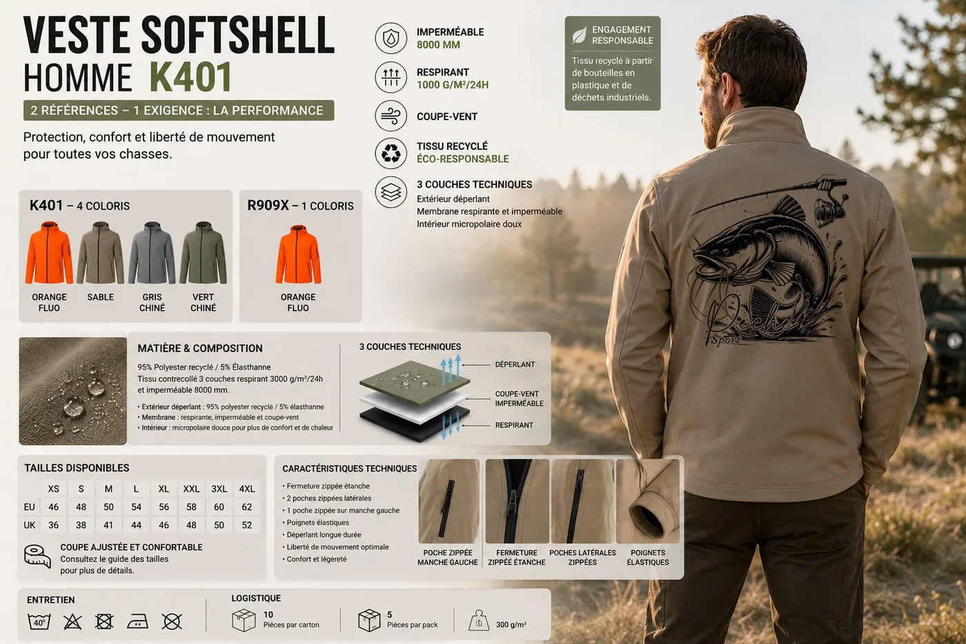 Fiche technique : veste softshell de pêche homme — matière, membrane et guide des tailles