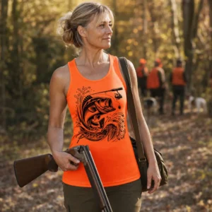 Débardeur de pêche Bar personnalisé, coloris orange, porté en taille M