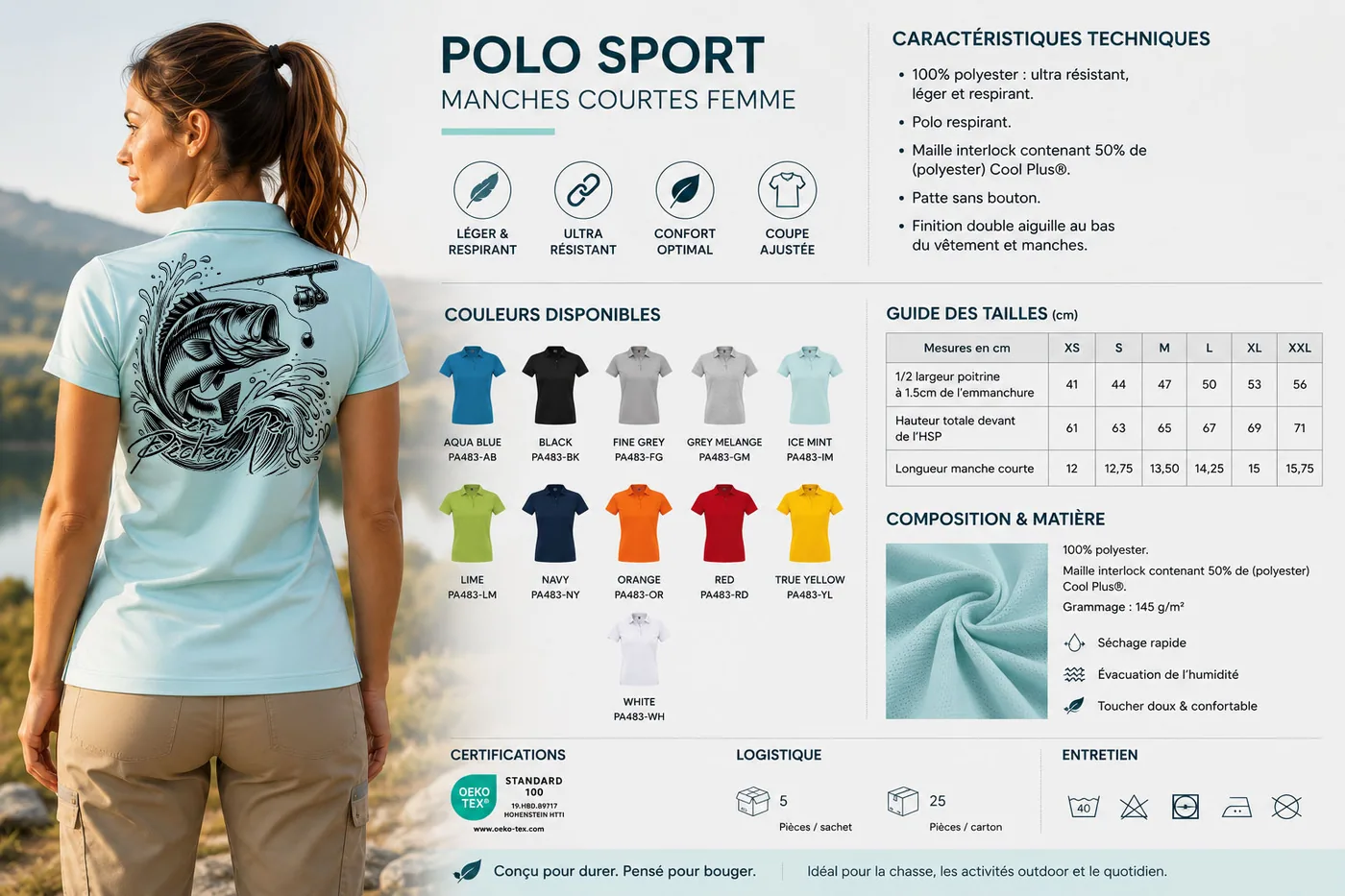 Fiche technique : polo de pêche femme — matière, membrane et guide des tailles