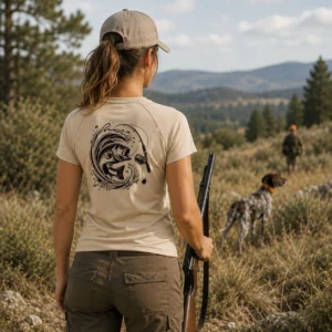 T-shirt de pêche Bar personnalisé — femme, porté en action