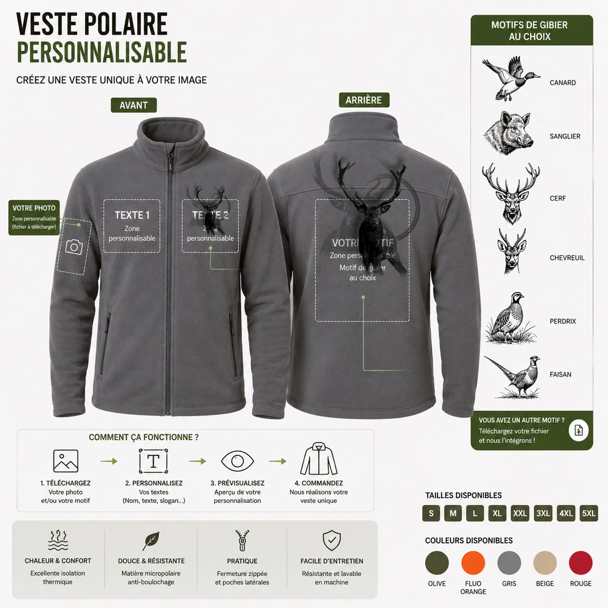 Veste polaire de chasse Cerf personnalisée, vue de dos