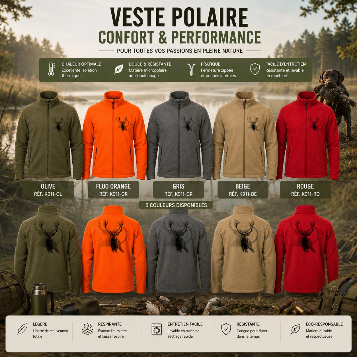Motif cerf imprimé au dos de la veste polaire, dans les cinq coloris