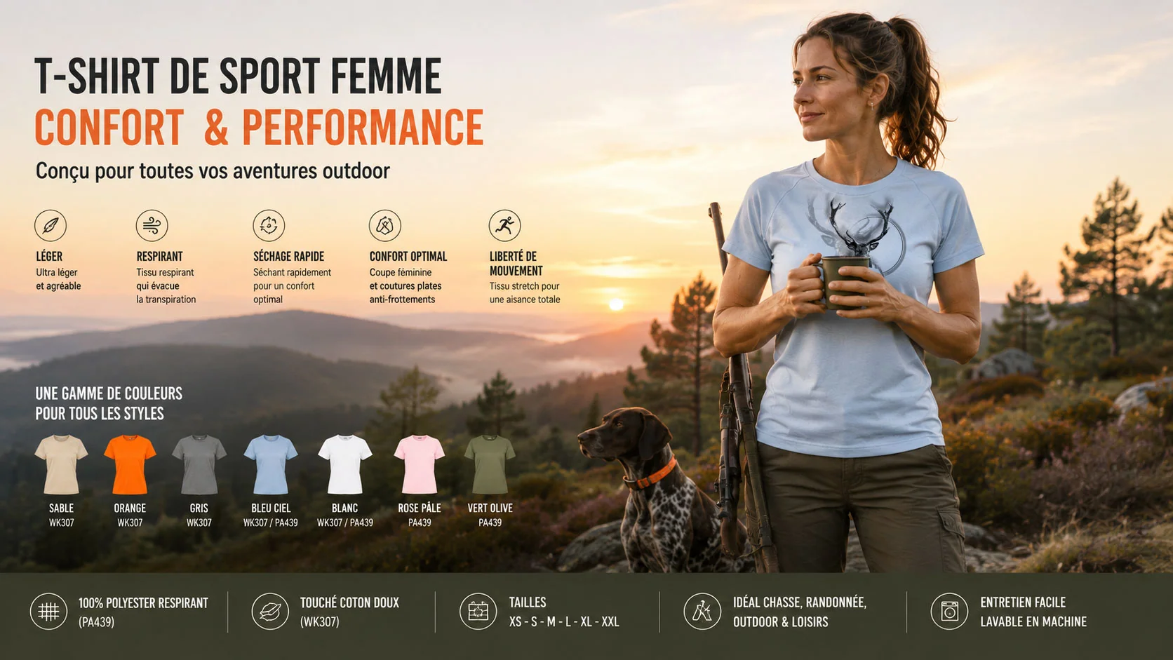 T-shirt de chasse cerf femme, coupe et coloris de la gamme