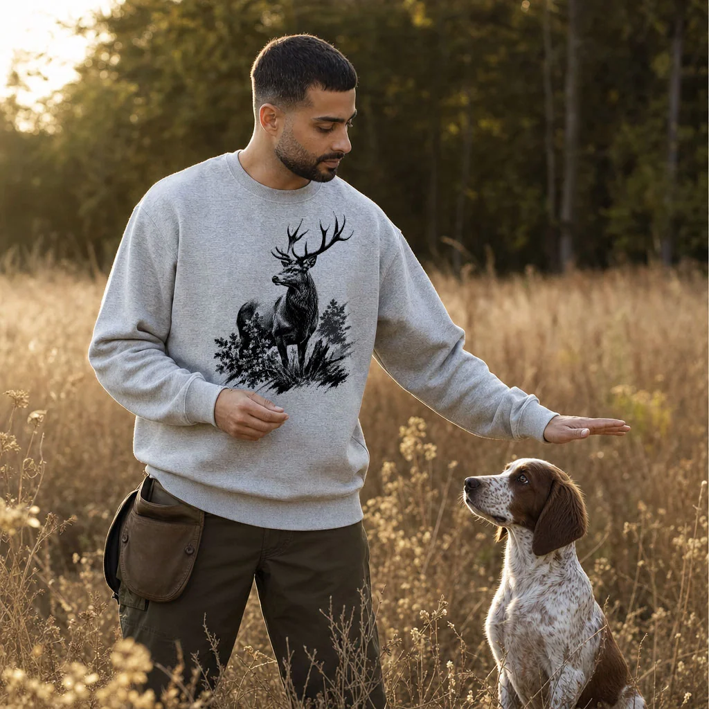 Sweat de chasse homme cerf personnalise, gris chine M