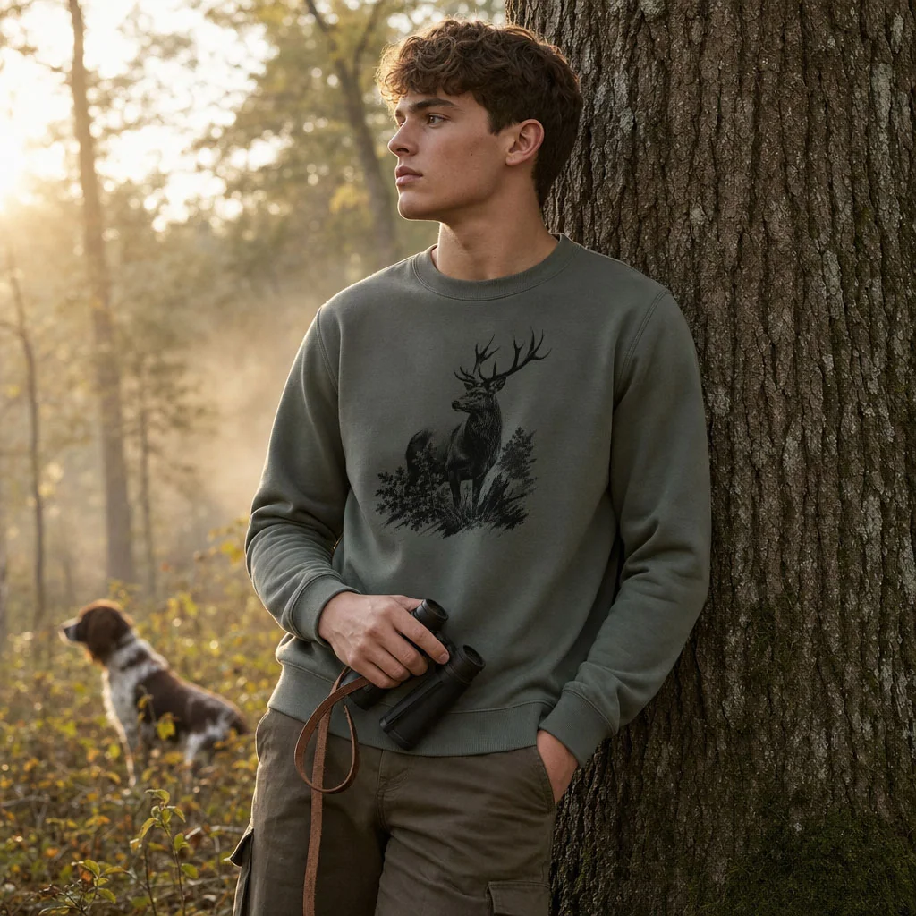 Sweat de chasse homme cerf personnalise, vert olive M