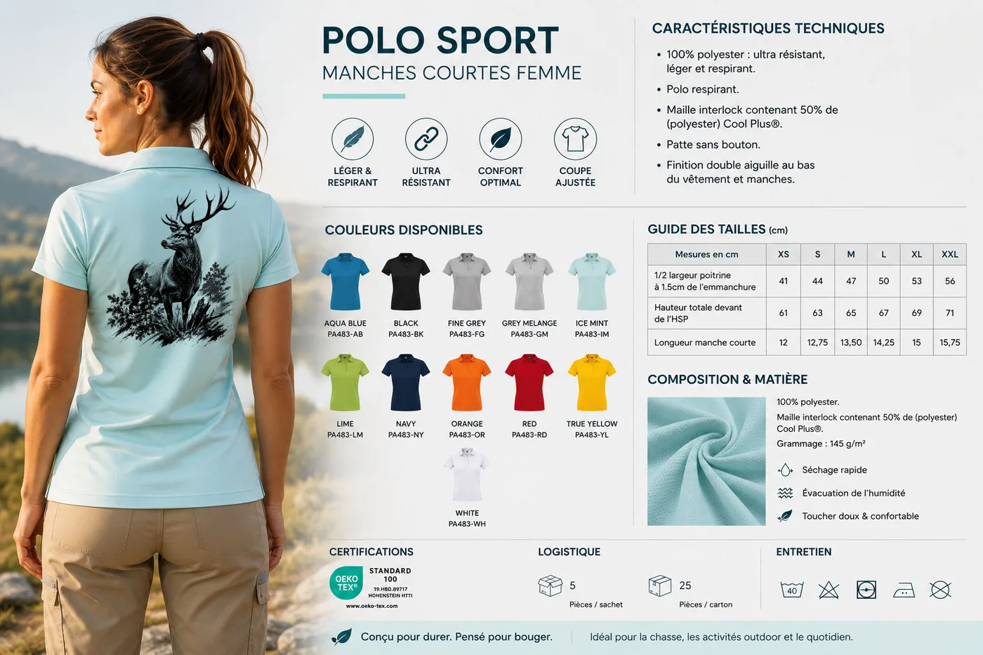 Fiche technique : polo de chasse femme — matière, membrane et guide des tailles