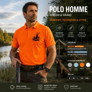 Polo de chasse Cerf personnalisé homme, motif cerf et texte au choix