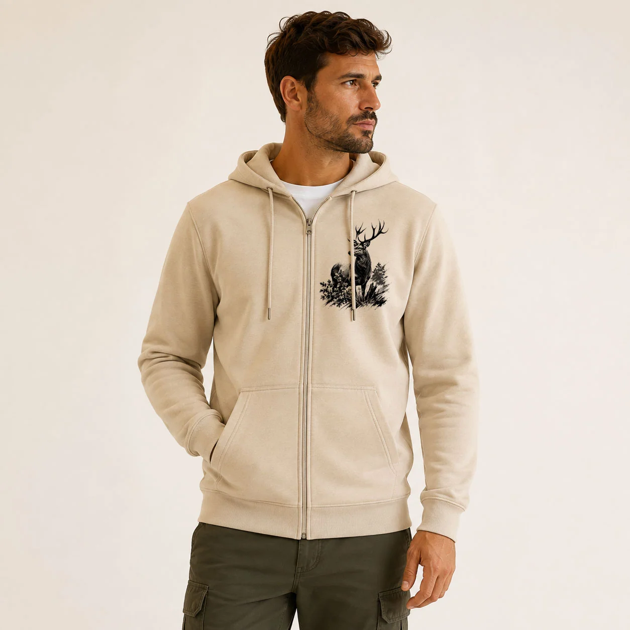 Sweat de chasse homme cerf personnalise, motif cerf + texte au choix