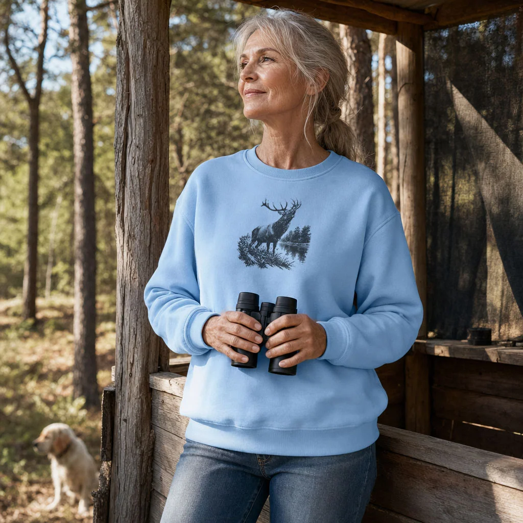 Sweat de chasse femme cerf personnalise, bleu ciel M