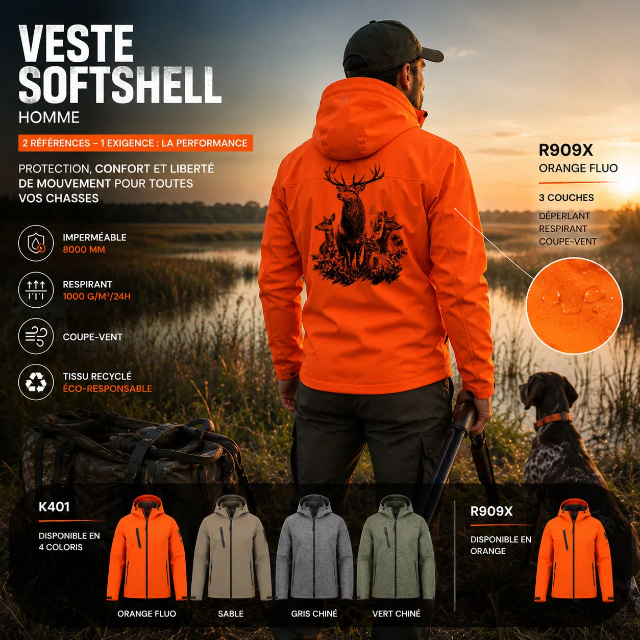 Motif cerf, un cerf et quatre biches en lisière de futaie, imprimé en grand dans le dos d'une veste softshell de chasse