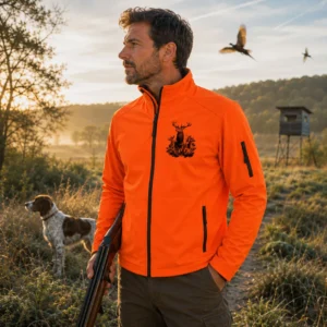 Veste softshell de chasse Cerf personnalisée homme, coloris orange fluo