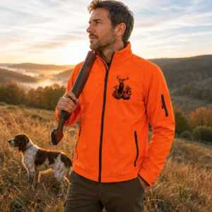 Veste softshell de chasse Cerf personnalisée homme, coloris orange fluo