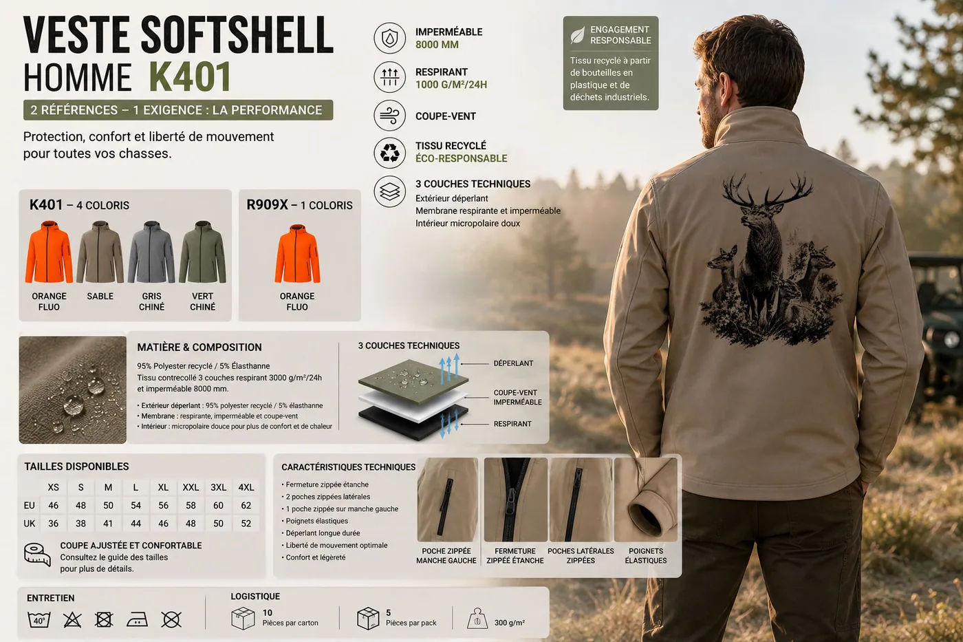 Fiche technique : veste softshell de chasse homme — matière, membrane et guide des tailles