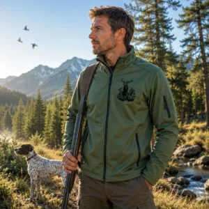 Veste softshell de chasse Cerf personnalisée homme, coloris vert chiné