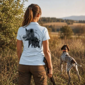 Polo de chasse Sanglier personnalisé femme, porté en action