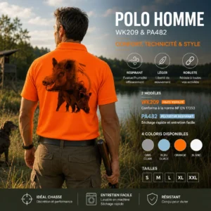 Polo de chasse Sanglier personnalisé homme, porté en action