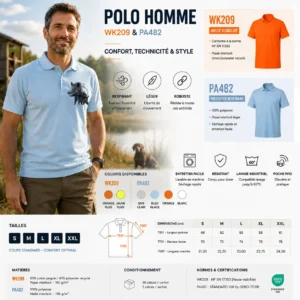 Polo de chasse Sanglier personnalisé homme, la planche du modèle : caractéristiques et coloris
