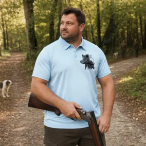Polo de chasse Sanglier personnalisé homme, coloris bleu glace