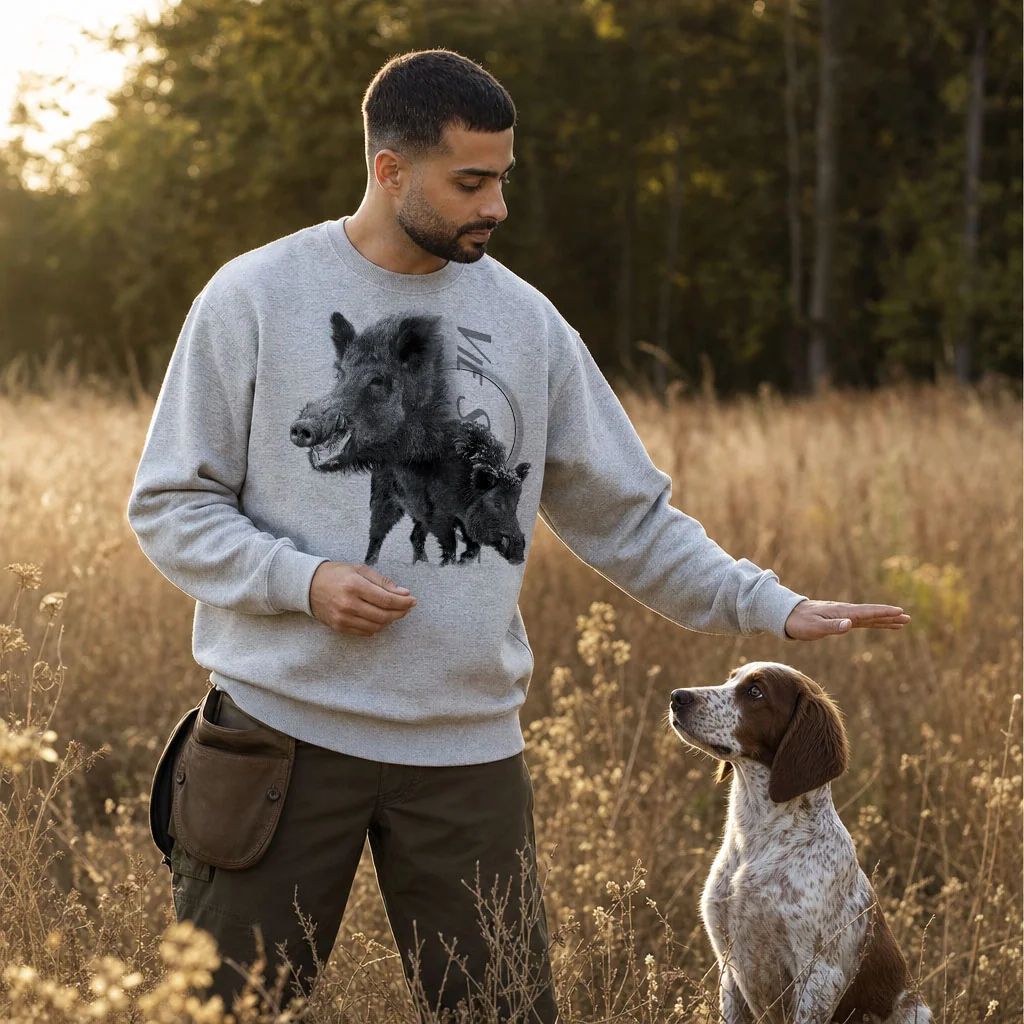 Sweat de chasse homme sanglier personnalise, gris chine M