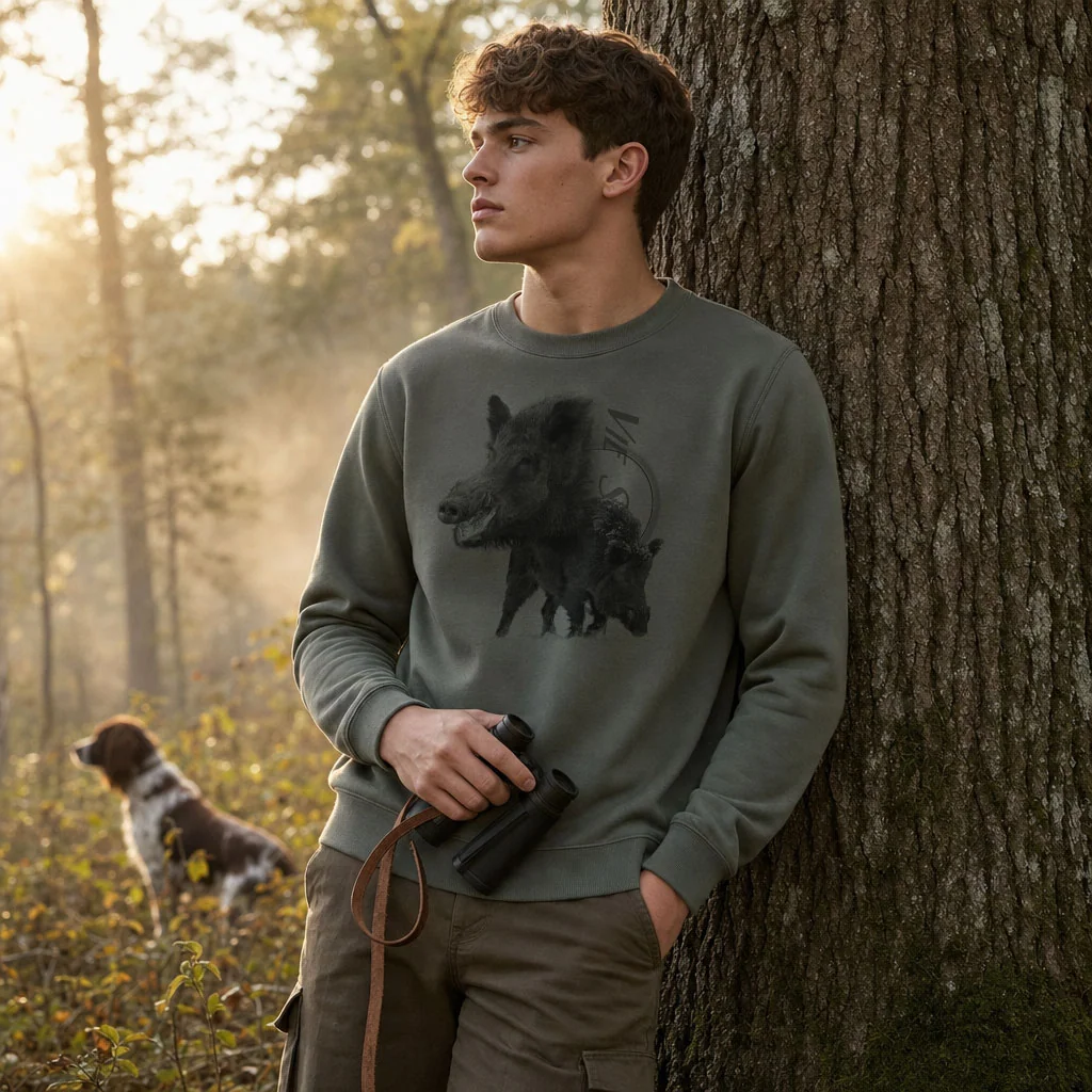Sweat de chasse homme sanglier personnalise, vert olive M