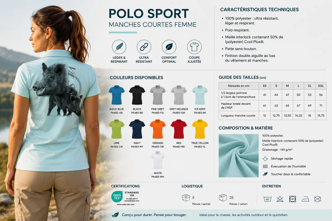 Fiche technique : polo de chasse femme — matière, membrane et guide des tailles