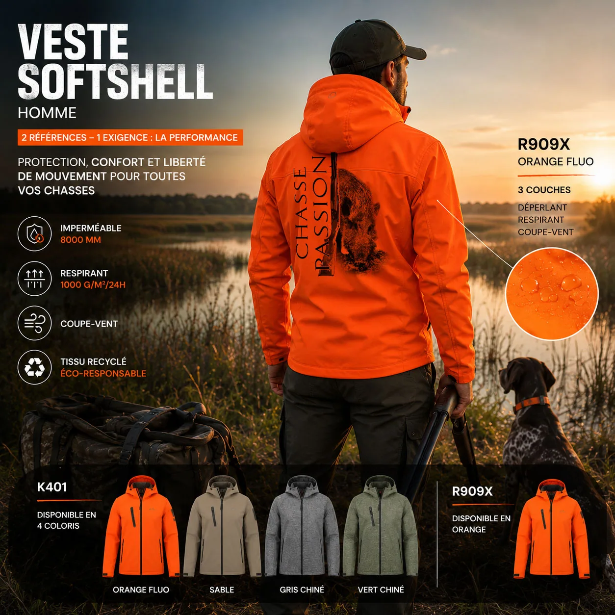 Motif sanglier, une hure de face, une carabine et la mention Chasse Passion, imprimé dans le dos d'une veste softshell de chasse