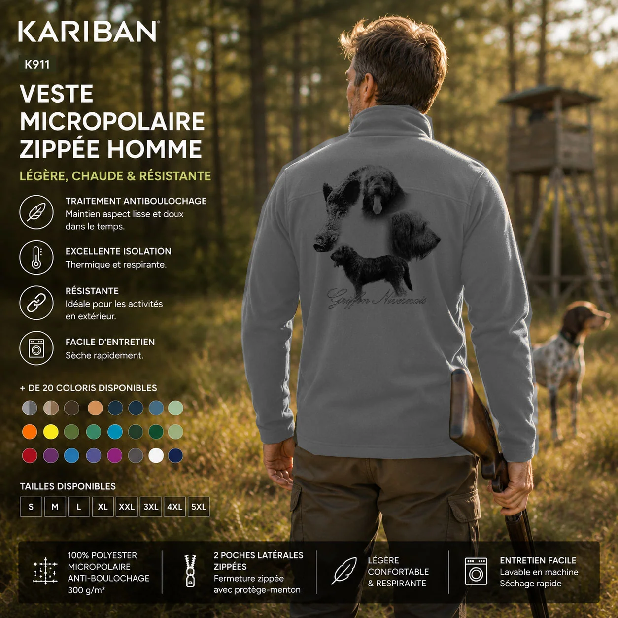 Veste polaire de chasse Sanglier personnalisée, portée en action