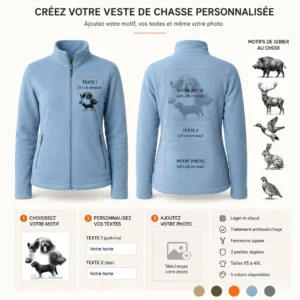 Veste polaire de chasse Sanglier personnalisée femme, ce qui se personnalise : photo, textes et motif