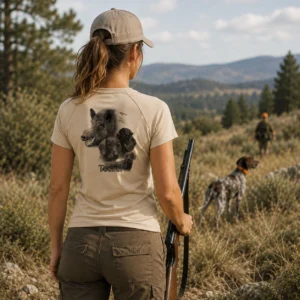 T-shirt de chasse Sanglier personnalisé — femme, porté en action