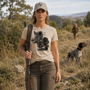 T-shirt de chasse Sanglier personnalisé — femme, motif sanglier + texte au choix