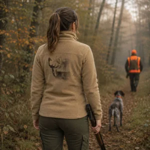 Veste polaire de chasse Daim personnalisée femme, portée en forêt, motif daim en grand dans le dos
