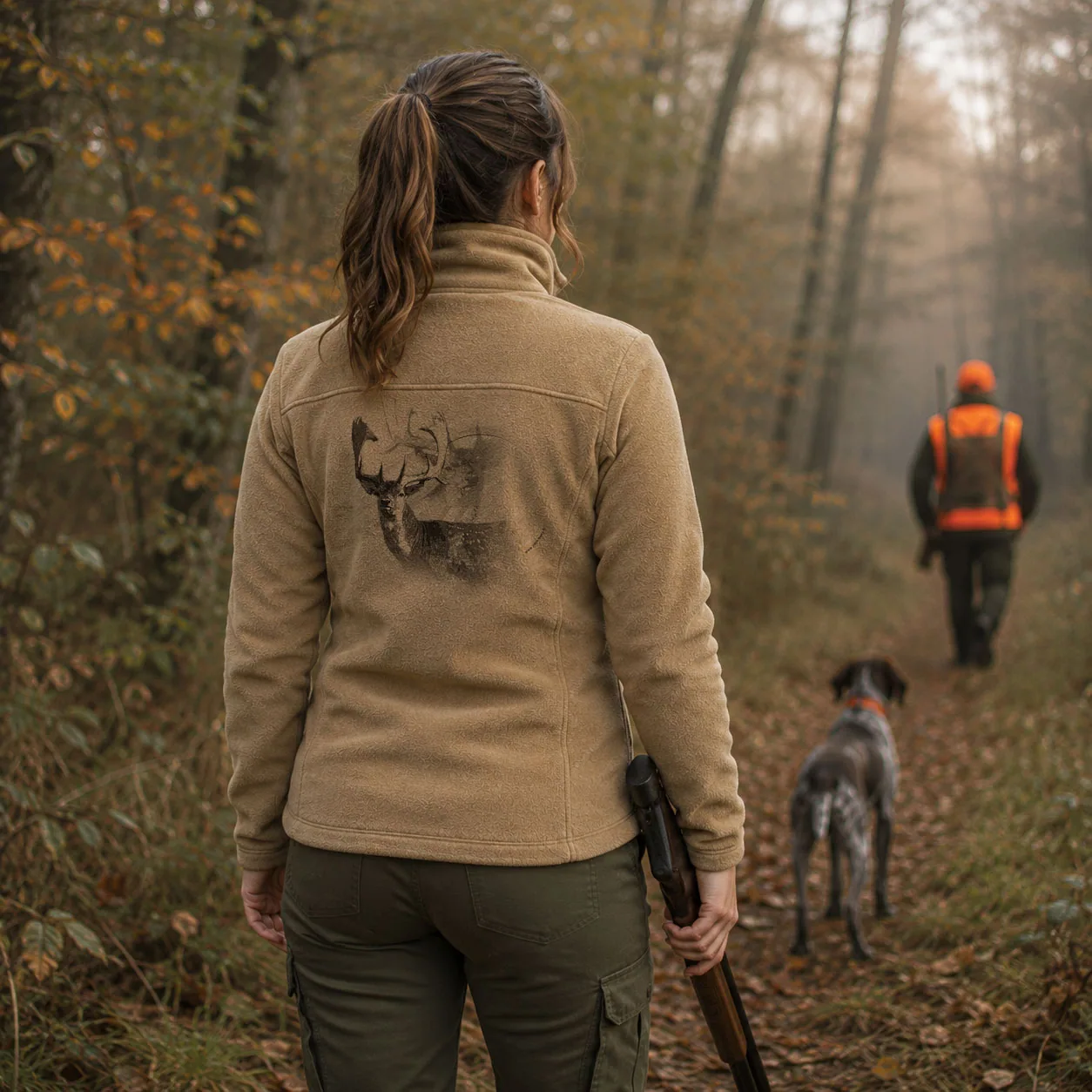 Motif daim, deux daims aux bois palmés, imprimé en grand dans le dos d'une veste polaire de chasse femme