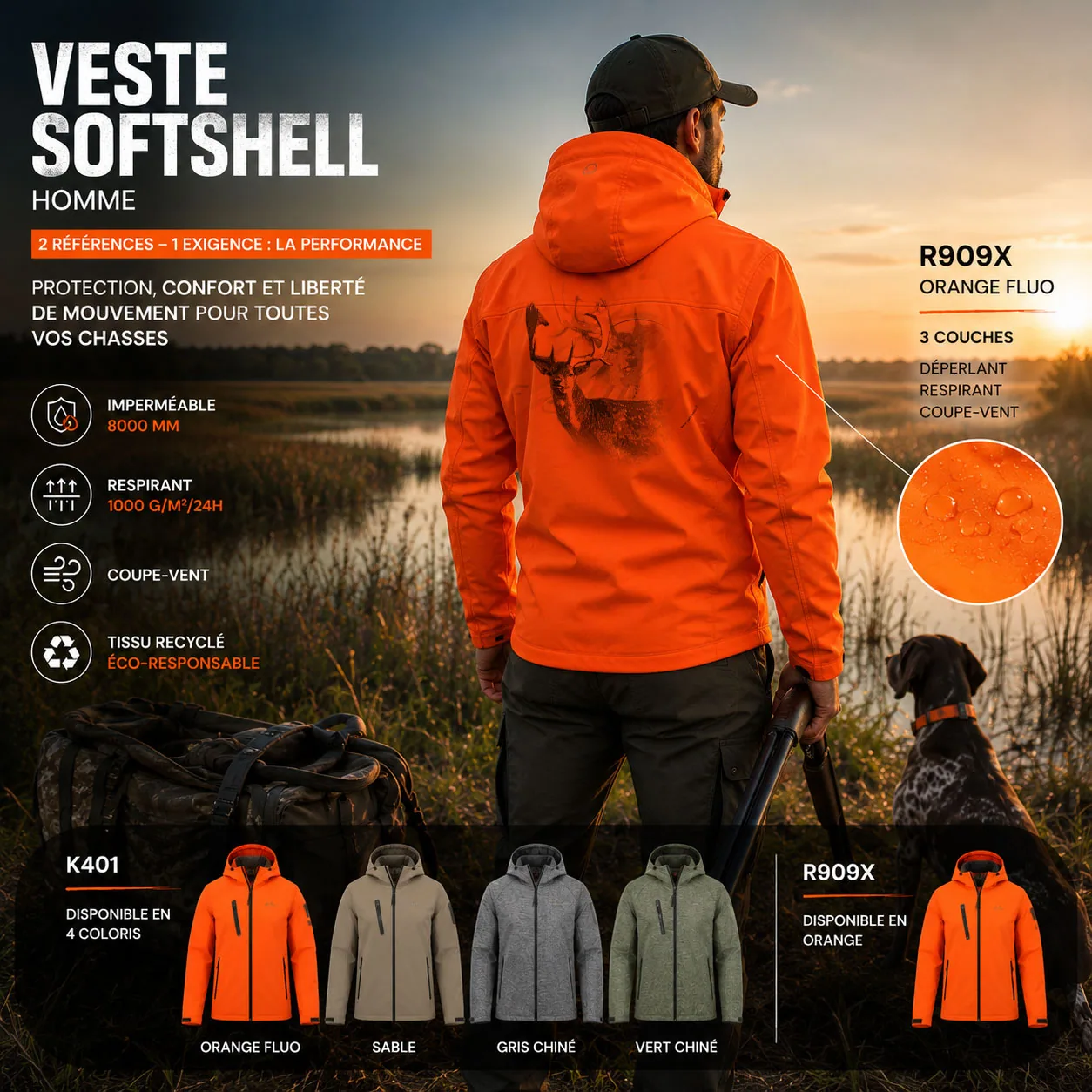 Motif daim, deux daims aux bois palmés, imprimé en grand dans le dos d'une veste softshell de chasse
