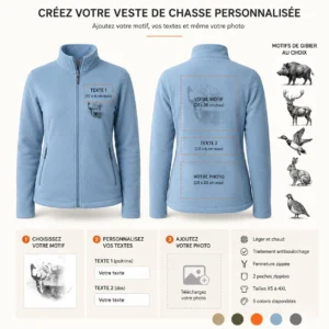 Veste polaire de chasse Daim personnalisée femme, ce qui se personnalise : photo, textes et motif