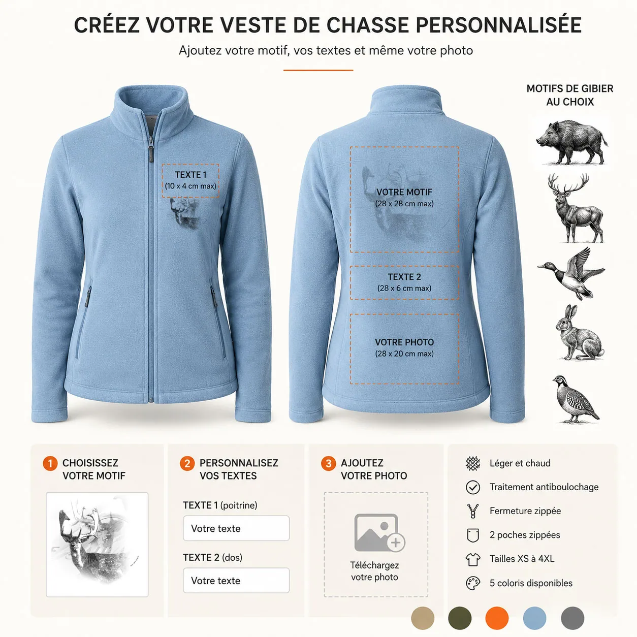 Veste polaire de chasse Daim personnalisée femme, ce qui se personnalise : photo, textes et motif
