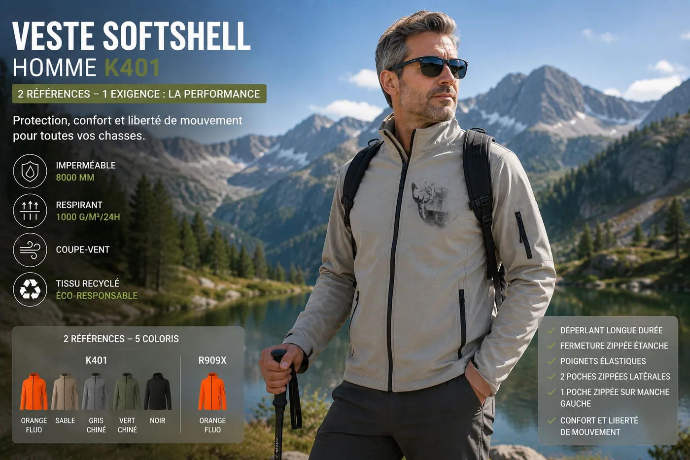 Veste softshell de chasse daim portée en forêt au lever du jour