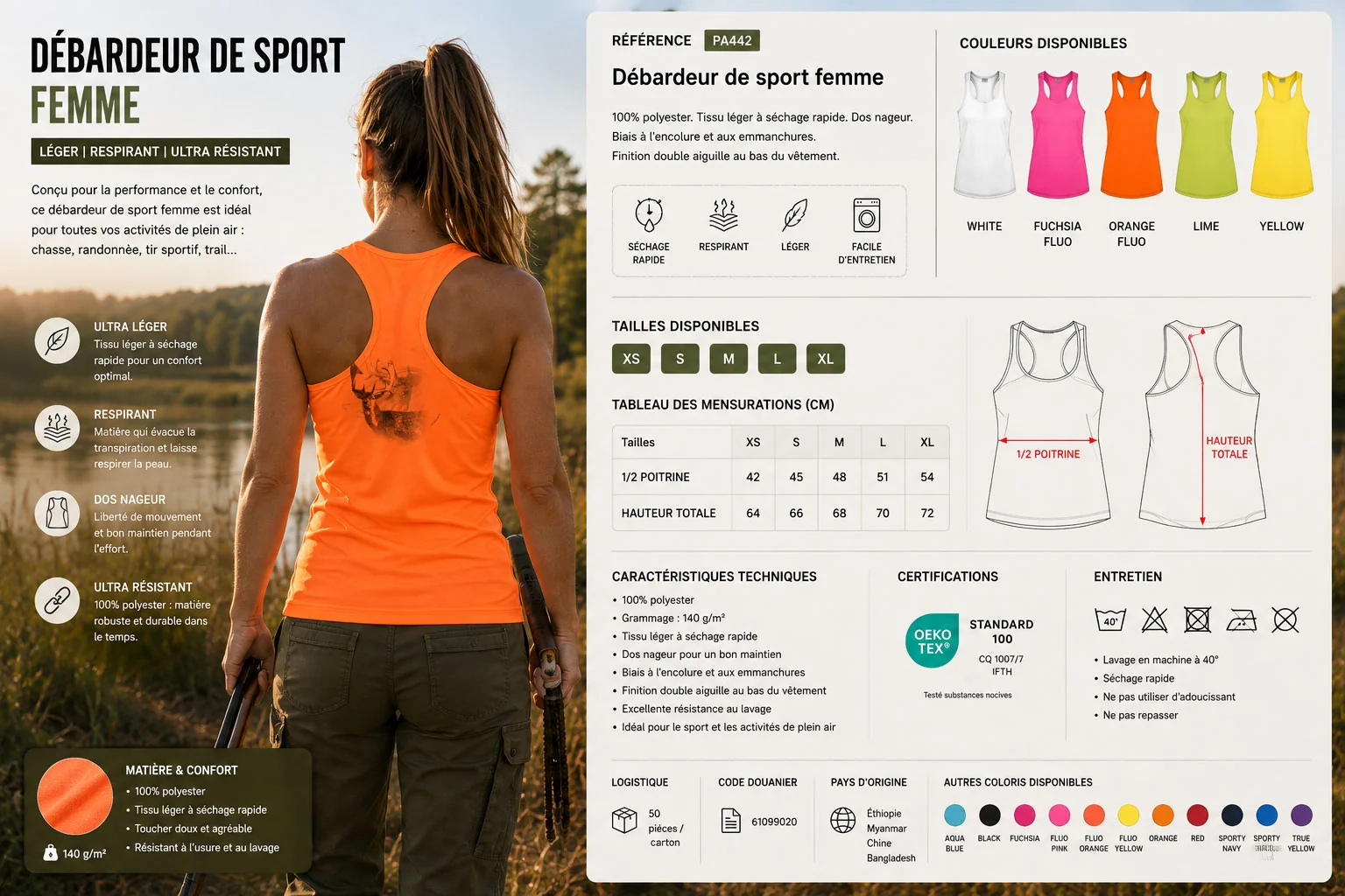 Fiche technique : débardeur de chasse femme — matière, membrane et guide des tailles