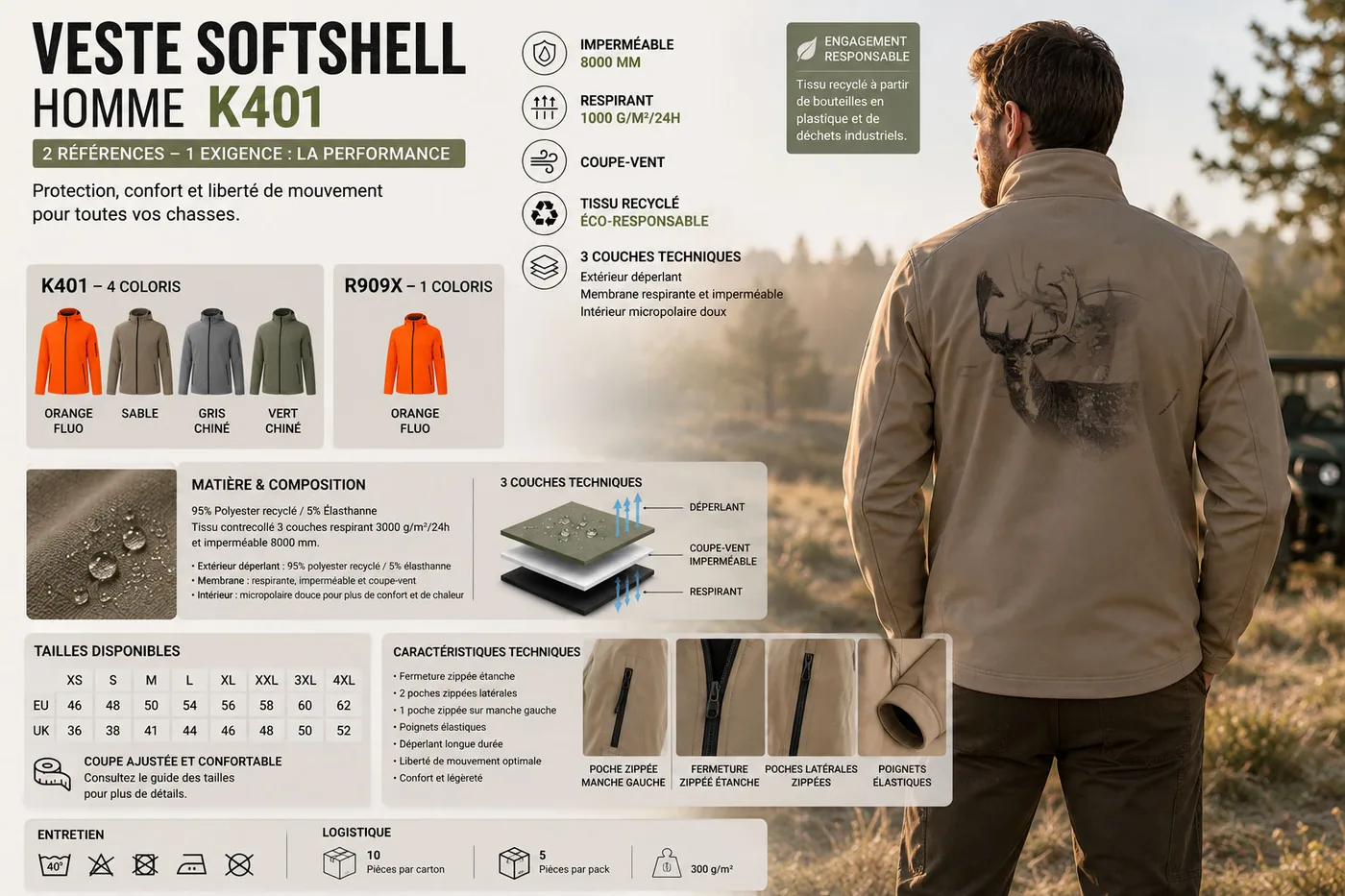 Fiche technique : veste softshell de chasse homme — matière, membrane et guide des tailles