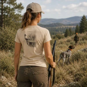 T-shirt de chasse Daim personnalisé — femme, porté en action
