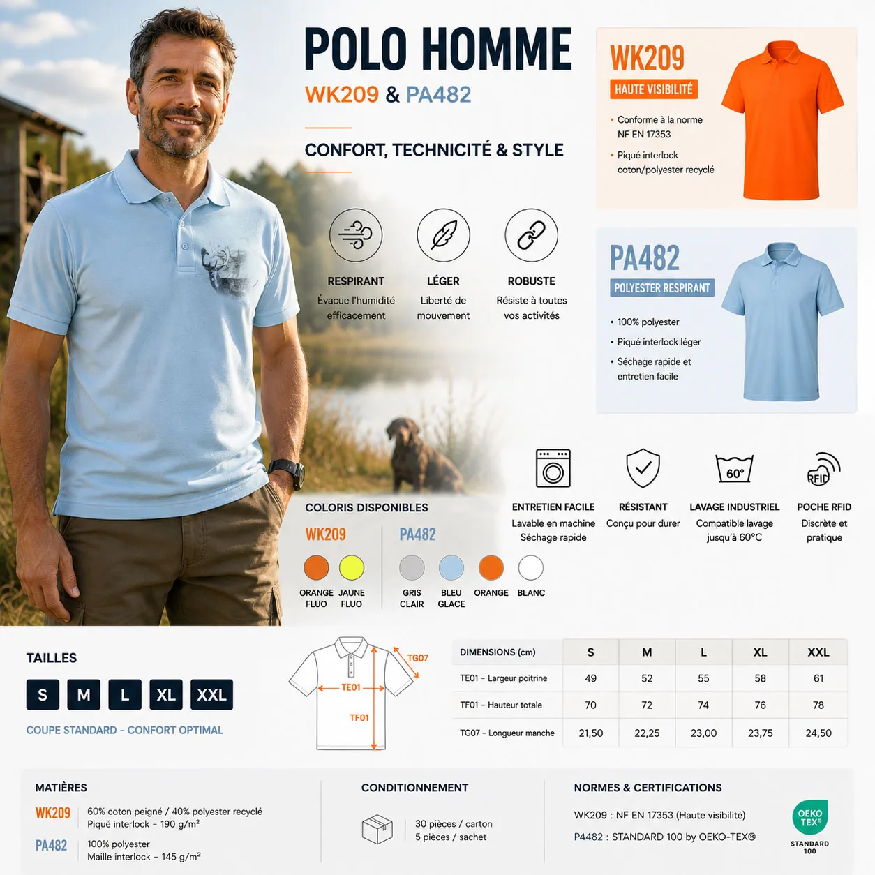Polo de chasse Daim personnalisé homme, la planche du modèle : caractéristiques et coloris
