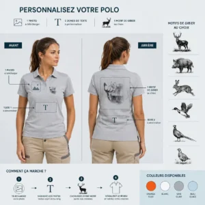 Polo de chasse Daim personnalisé femme, ce qui se personnalise : photo, deux textes et le motif daim
