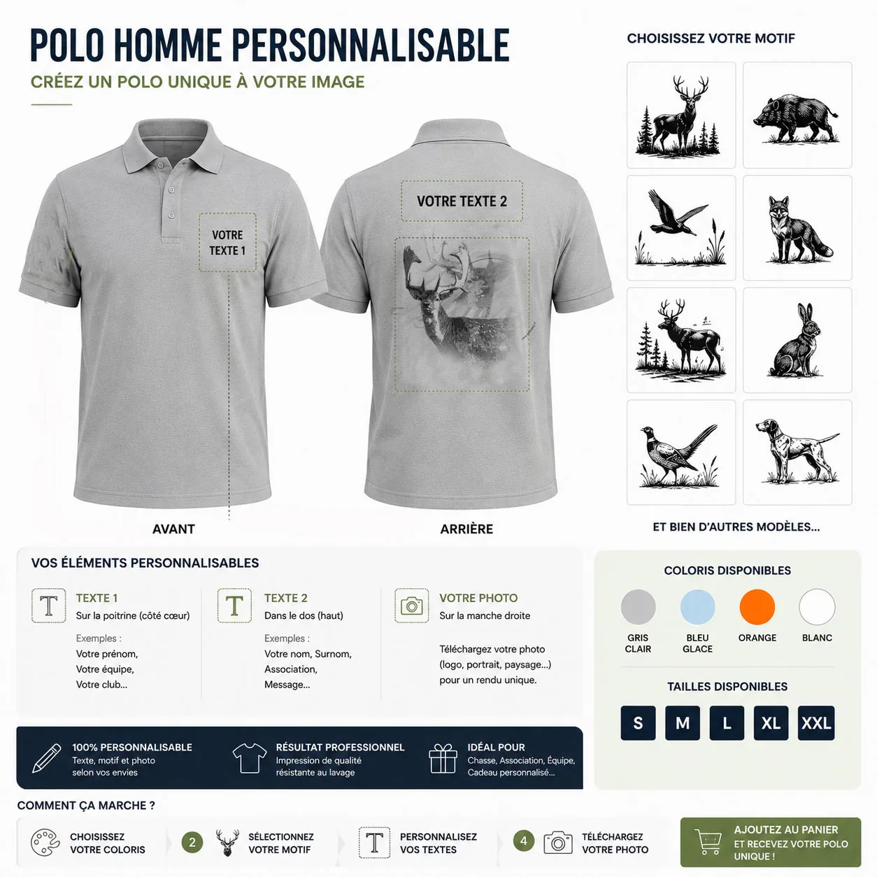 Ce qui se personnalise sur le polo de chasse homme : une photo et un texte devant, le motif daim et un texte au dos