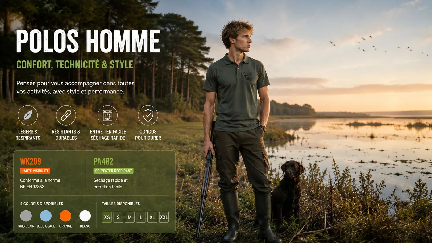 Polo de chasse daim porté en forêt au lever du jour