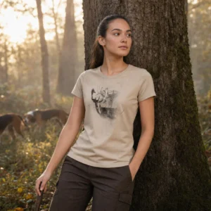 T-shirt de chasse Daim personnalisé — femme, beige, toutes tailles