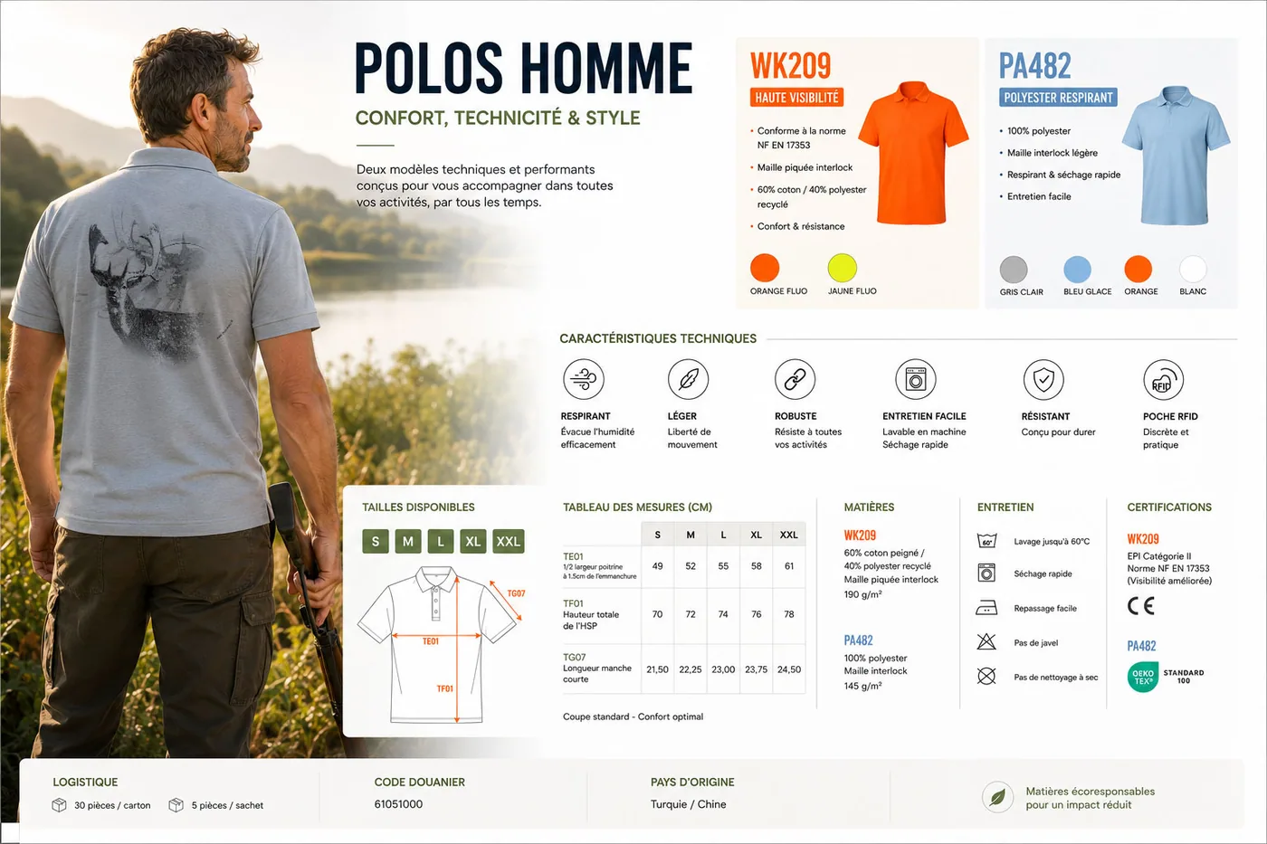 Fiche technique : polo de chasse homme — matière, membrane et guide des tailles