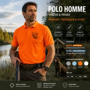 Polo de chasse Daim personnalisé homme, motif daim et texte au choix