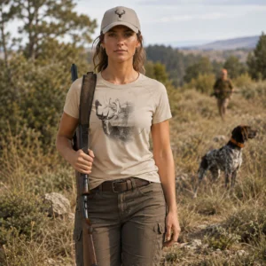 T-shirt de chasse Daim personnalisé — femme, motif daim + texte au choix