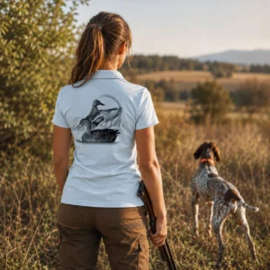 Polo de chasse Canard personnalisé femme, porté en action